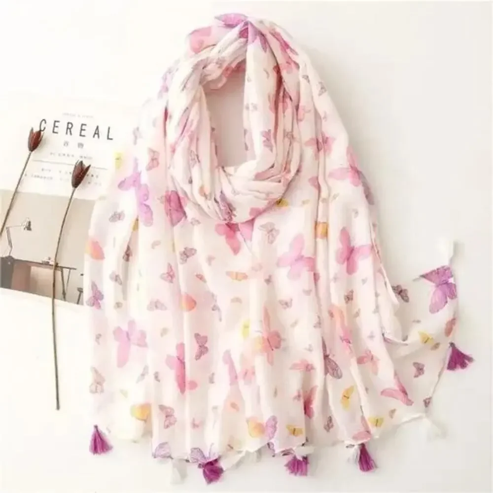 NEW Boho Butterfly Design Tasseled Rectangle Soft Chic Scarf Large Cream Pink